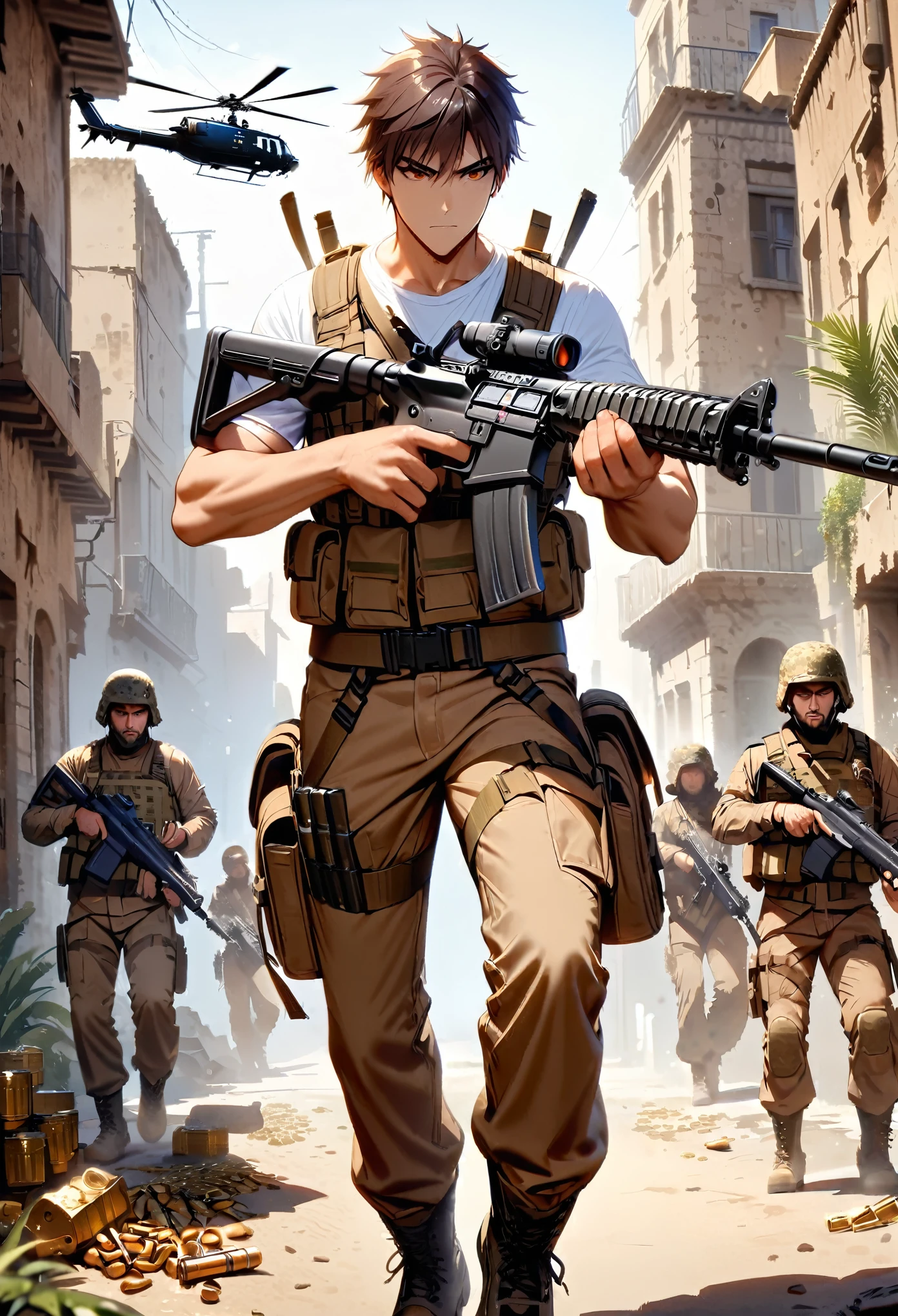 masterpiece, best quality, 1man, male focus, solo, solo focus, mercenary, hispanic, holding assault rifle, brown hair, hazel eyes, perfect hands, load-bearing vest, ammunition belt, danger atmosphere, treasure trove, combed back hair, white t-shirt, brown pants, combat boots, matching boots. outdoors, ((helicopter hovering above)).