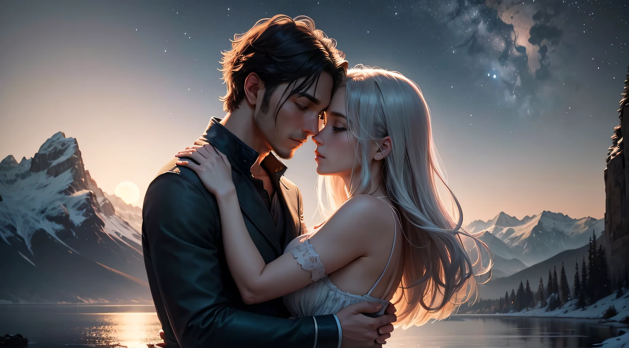 a romantic couple under the moonlight, starry sky, full moon, nature, mountains in the background, detailed faces, realistic, cinematic lighting, ethereal, dreamlike, soft pastel colors, warm tones, highly detailed, 8k, photorealistic, masterpiece, (best quality:1.2),(realistic:1.37),cinematic lighting,glowing moon,dramatic shadows,breathtaking scenery,serene atmosphere,beautiful couple,intimate embrace,gazing at each other,tender moment