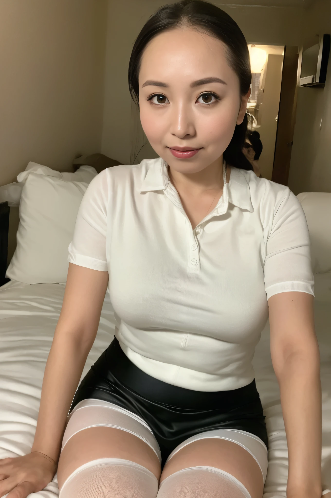 ((masterpiece, Better Quality, hight resolution, Photorealsitic:1.4, Raw photography, high quality image)), ((portrait:1.2)), 1Milf sitting on bedside, (wearing sweaty white short callored shirts, wearing black pencil skirt, black stocking), curvy shape:0.5, very detailed and professional lighting, (cute facial expressions),