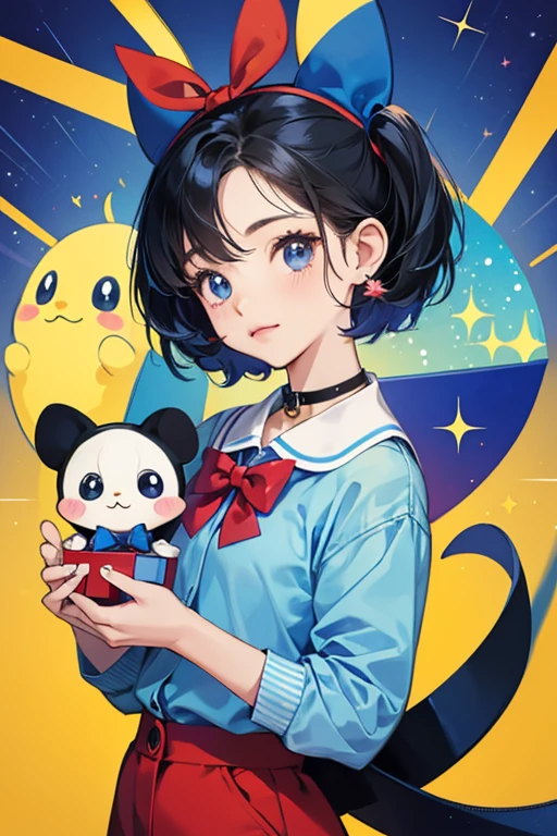 Gift Mametchi resembles Mametchi except her ears are blue with a madras pattern, wears a matching shirt with a red collar, blue pants, and a blue, yellow, and red ribbon on one ear. sHe is accompanied by a Bagubagutchi wearing a red bow tie and holding a present instead of notes. SPARKLE; GLITTER