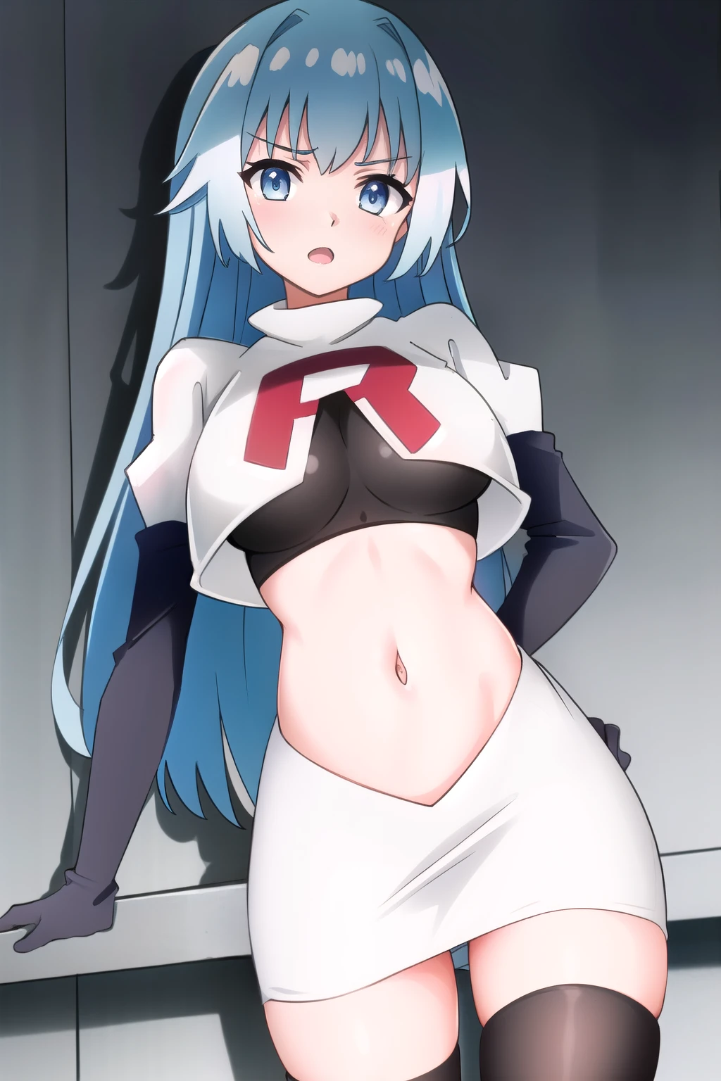 (extremely detailed CG unity 4k wallpaper),(masterpiece),(best quality),(ultra-detailed),(best illustration),(best shadow),(absurdres),(detailed background) Miku Izayoi, 1girl, long hair, solo, breasts, hair ornament, looking at viewer, blue hair, blue eyes, very long hair, bangs, blush, team rocket,team rocket uniform,white skirt,red letter R,crop top,black thigh-highs,black elbow gloves