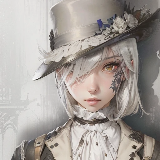 there is a drawing of a woman with a hat on, yoko taro, inspired by Li Chevalier, the madhatter, portrait of a bloodborne hunter, alucard, shigenori soejima illustration, grisaille, portrait n - 9, seinen manga portrait, a silver haired mad, closeup character portrait, inspired by Wojciech Weiss