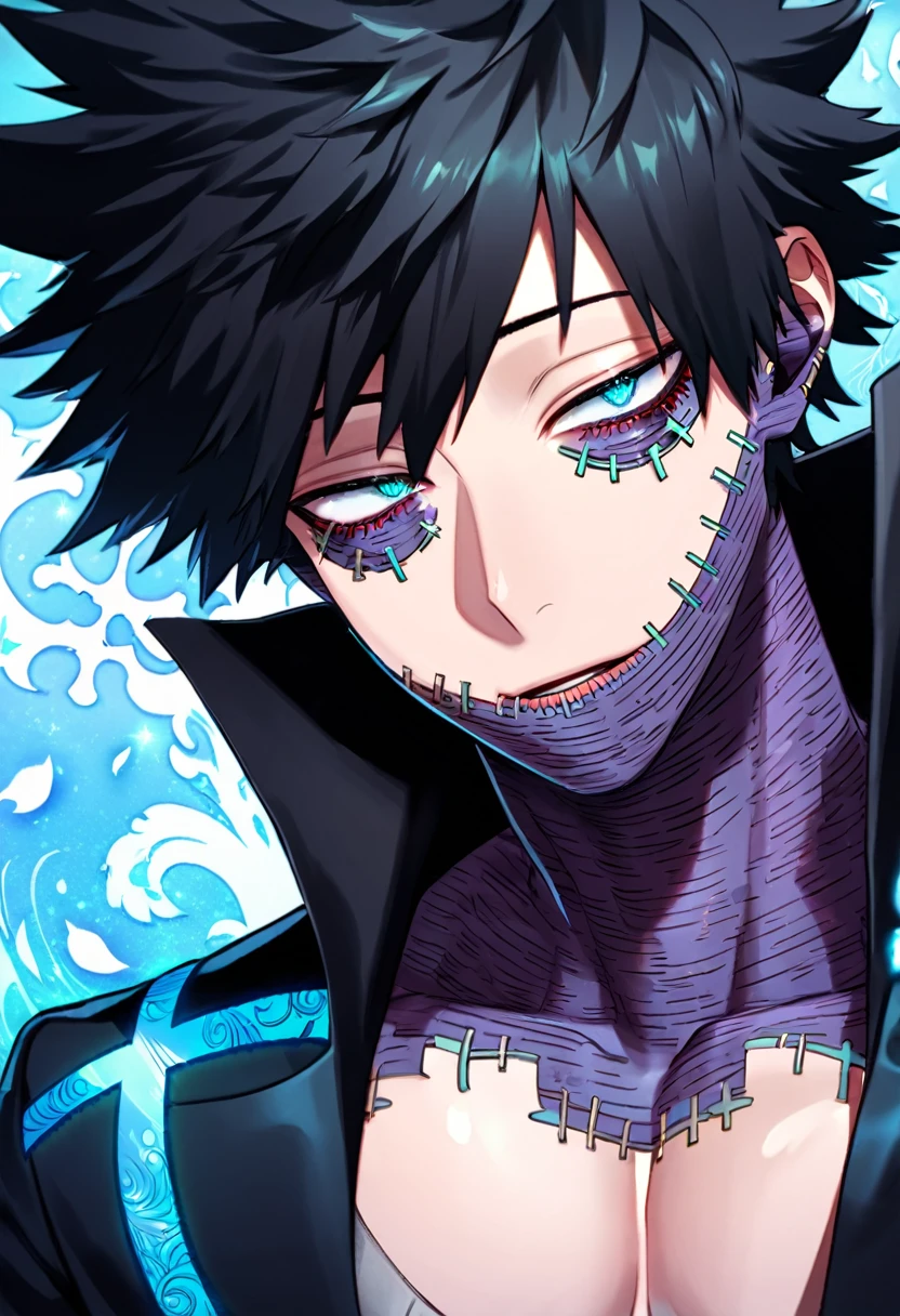 Ultra detailed, Highres, absurdres, HDR, Dabi, black hair, expressive turquoise eyes, black coat with patterns, Boku No Hero Academia, blue flowers, petals, handsome, man, solo, very detailed eyes and face, master piece, glittering, fantasy, cross, blue background, blue flames, toned chest