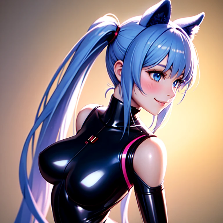 A highly detailed anime art style, a beautiful woman, solo standing:1.5, ((perfect human body)), realistic face, animal ears, bangs, blush, bodysuit, ((robotic parts)), large breasts, bare shoulder, long light blue hair, long sleeves, (looking to left), skin tight, smile, solo, twintails, very long hair, dark fantasy background, white gloves, (masterpiece:1.4), (shiny skin), light blue eyes, mini skirt