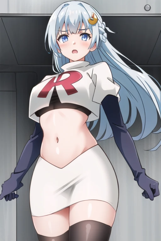 (extremely detailed CG unity 4k wallpaper),(masterpiece),(best quality),(ultra-detailed),(best illustration),(best shadow),(absurdres),(detailed background) Miku Izayoi, 1girl, long hair, solo, breasts, hair ornament, looking at viewer, blue hair, blue eyes, very long hair, bangs, blush, team rocket,team rocket uniform,white skirt,red letter R,crop top,black thigh-highs,black elbow gloves