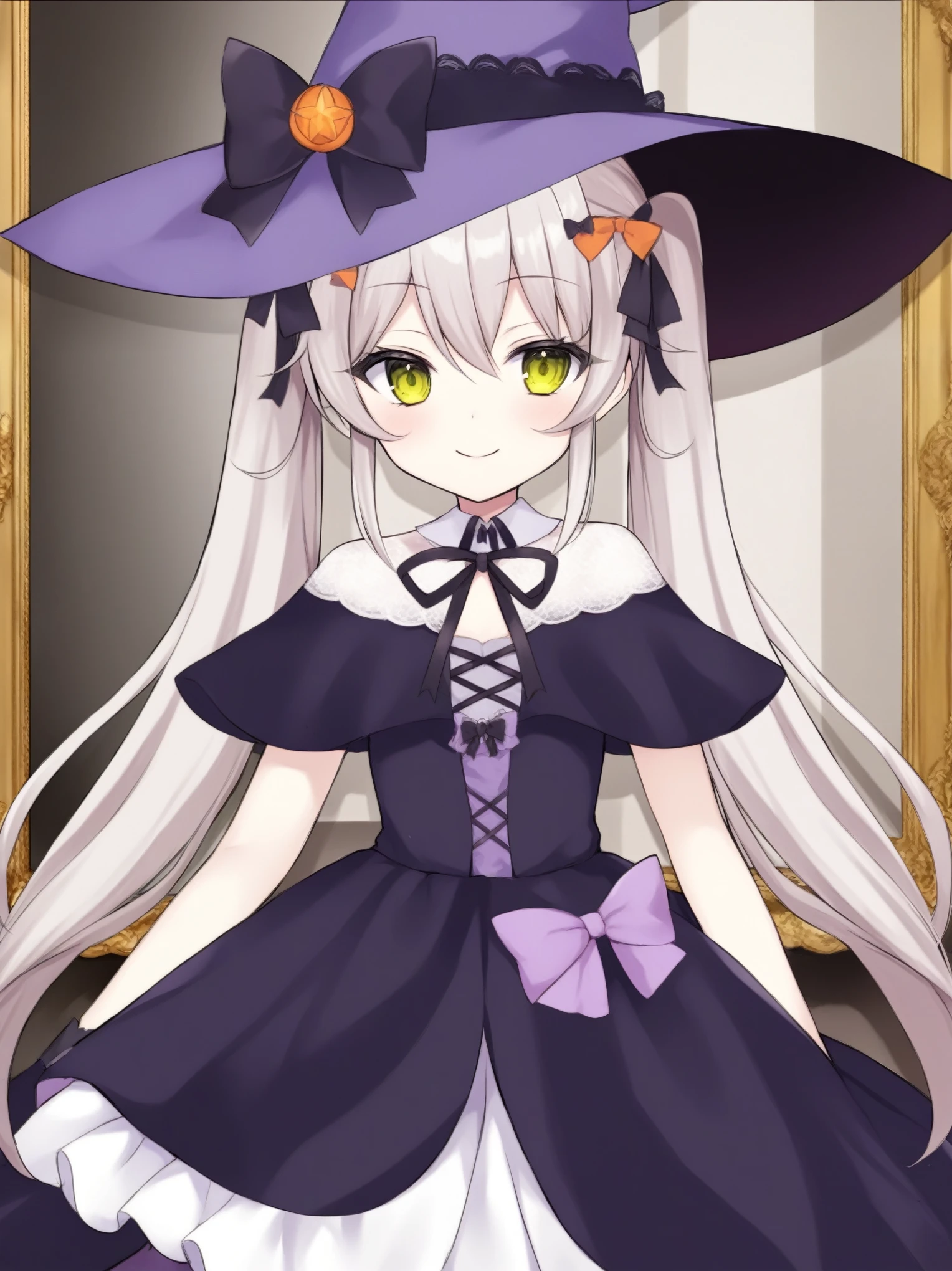 The girl in the painting is wearing a witch costume,Wears a purple hat,Wearing a cape, Clear anime silhouette,Anime style、Gothic dress、White twin ponytails、Eye、Smile、Lace、Bow hair accessories、Ruffled decoration、dream、grace。