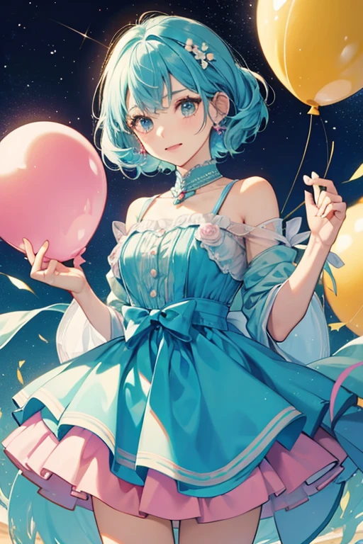Giragiratchi is pink and has many "balloons" on her head for hair. She wears an aqua and blue dress. SPARKLE; GLITTER