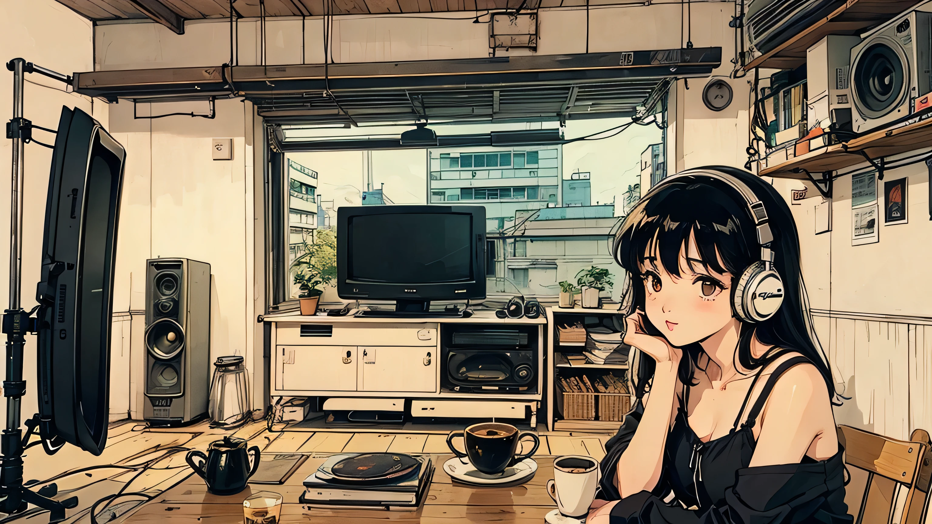 1 girl, 90s anime style, I have headphones on, Stylish cafe, coffee, Retro, Old TV, Lo-Fi
