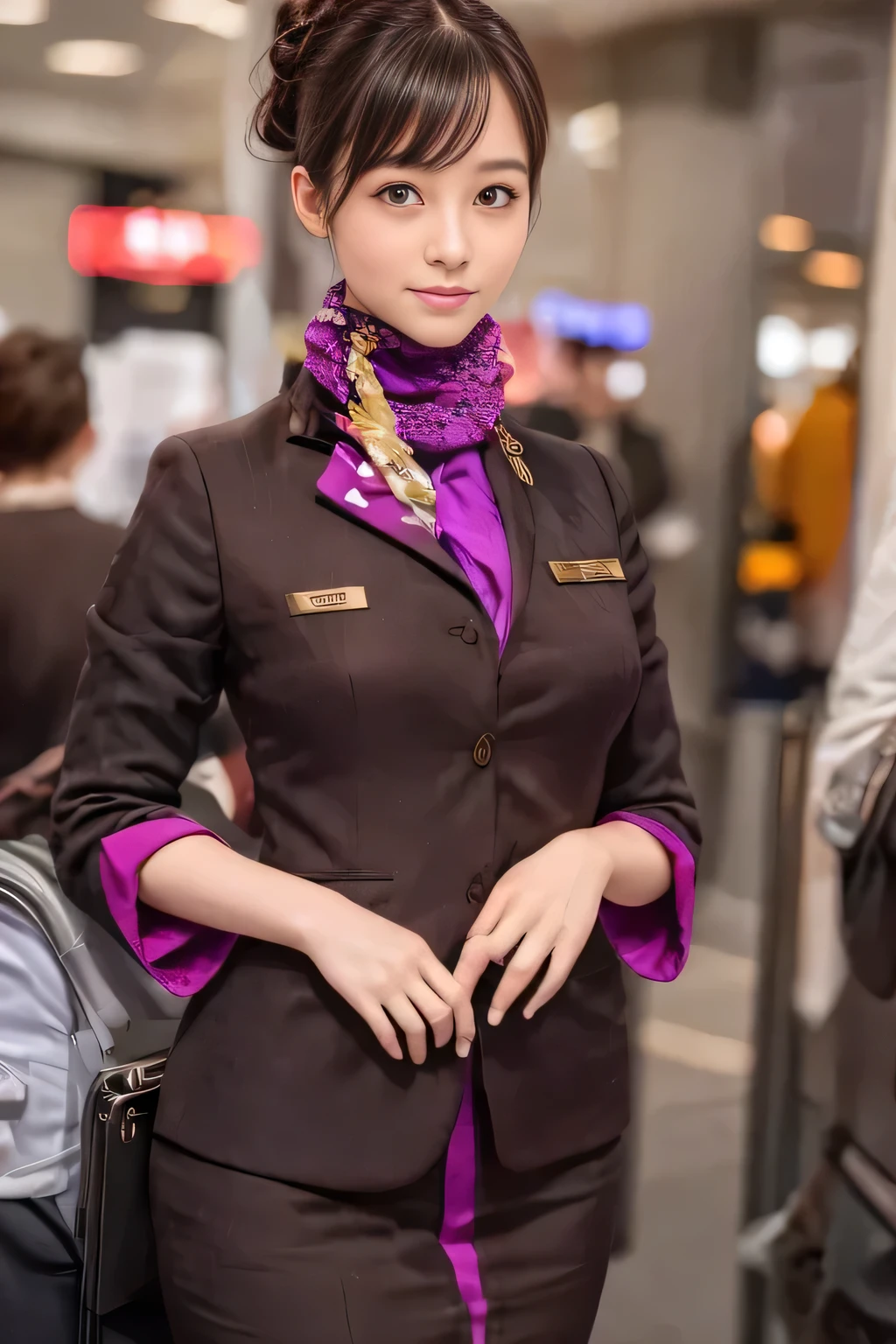 (masterpiece:1.2、highest quality:1.2)、32K HDR、High resolution、(alone、1 girl、Slim figure)、（Realistic reproduction of Etihad Airways flight attendant uniforms）、 (At the airport counter, Professional Lighting)、Airport counter wall background、A proper woman, Beautiful Face,、（Etihad Airways flight attendant long sleeve uniform）、（Etihad Airways flight attendant uniforms、Skirt with purple stripes on the front）、（scarf on chest）、Big Breasts、（long hair、Hair Bun）、Dark brown hair、Long Shot、（（Great hands：2.0））、（（Harmonious body proportions：1.5））、（（Normal limbs：2.0））、（（Normal finger：2.0））、（（Delicate eyes：2.0））、（（Normal eyes：2.0））)、Beautiful standing posture、smile、Place your hands around your stomach