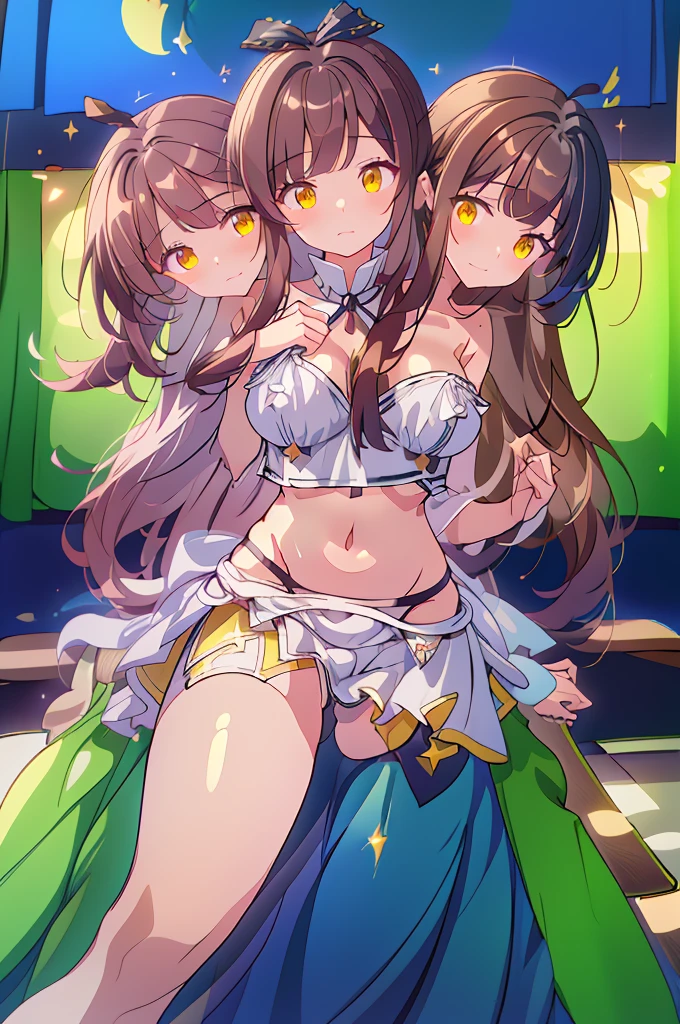 (masterpiece, best quality), best quality, (ultra-detailed), (3heads:1.5), 1girl, (star sapphire:1.3), masterpiece, best quality, ultra quality, ultra resolution, ultra detail, white top, crop top, ((stomach)), midriff, ((groin)), open midriff, white and blue skirt, miniskirt, normal ears, shackles, dark brown hair, very long hair, wavy hair, sidelocks, yellow eyes, detailed eyes, parted lips, fairy wings, sweat, cute, open belly, toned belly, hand on own chest, eyelashes, (24 year old woman:1.3), (masterpiece:1.5), (best quality:1.5), (beautiful detailed), extremely detailed CG, extremely delicate and beautiful, depth of field, (finely detailed face), (perfect details:1.2), (mature female:1.3), wide pelvis, slender, large veiny breast, 16k resolution, highres, high quality, high definition, extremely detailed, masterpiece, dark brown hair, long hair, alluring presence, braid, short skirt, miniskirt, close up, big tits, young, blue ribbon attached to the hair, butterfly-shaped wings, open belly, midriff, nsfw, bare stomach, girl with three heads,
