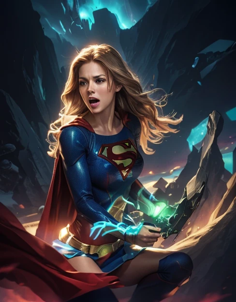 Supergirl in action pose, perfect costume, smooth curves, beautiful face, space and planets in background... green light kryptonita in background 