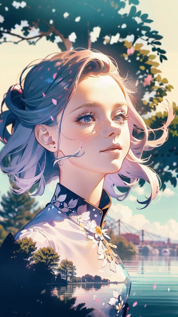 Use your imagination with this visually illustrated prompt, A girl with a bright smile appears, Her outfit 、A perfect match for the enchanting lakeside backdrop, Enhanced with mesmerizing multiple exposure effects
