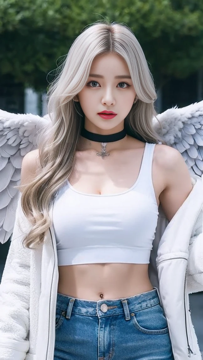 One girl, Large Breasts, Blonde Hair, Long Hair, Wavy Hair, Grey Eyes, White Feather Wings, Angel, Outdoor, White jacket, choker, Tank top, jeans
