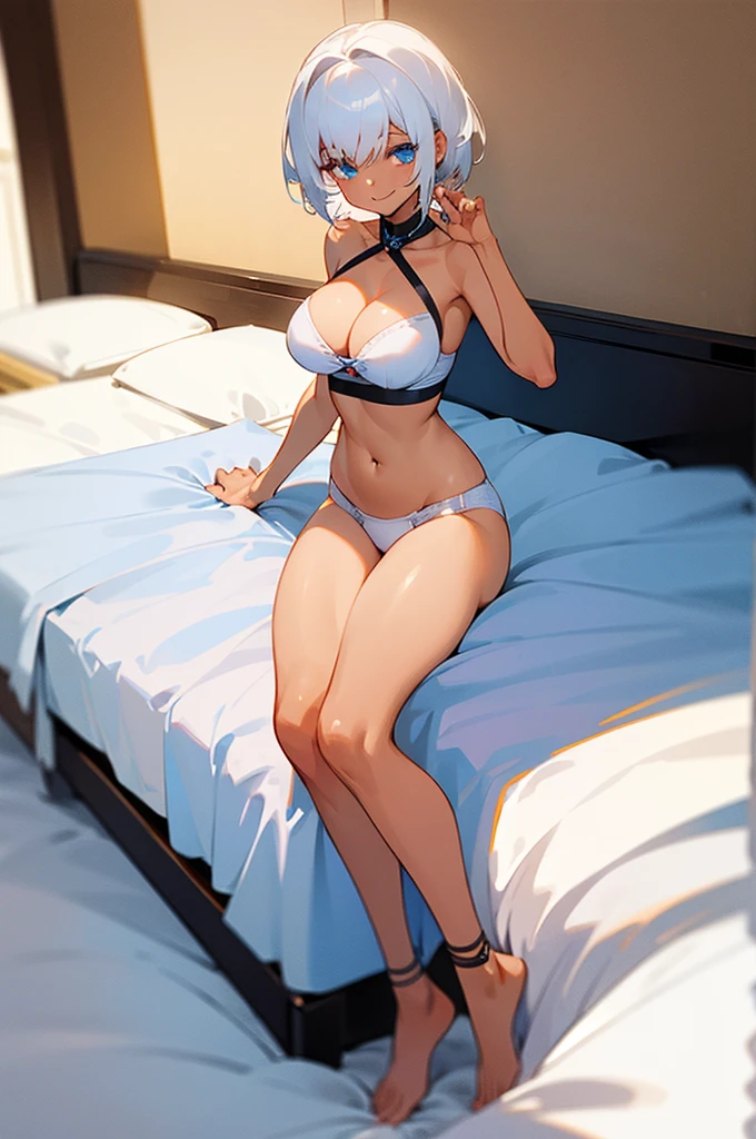 1girl, white hair, tanned skin, blue eyes, short hair, large , white underwear, bed, happy smile, full body,