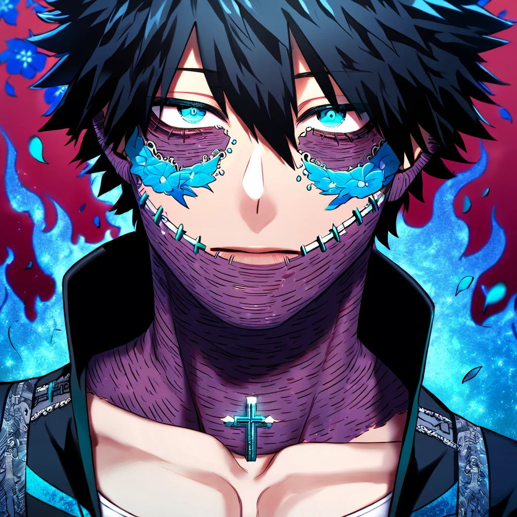 Ultra detailed, Highres, absurdres, HDR, Dabi, black hair, expressive turquoise eyes, black coat with patterns, Boku No Hero Academia, blue flowers, petals, handsome, sexy man, solo, very detailed eyes and face, master piece, glittering, fantasy, cross, blue background, blue flames, toned chest