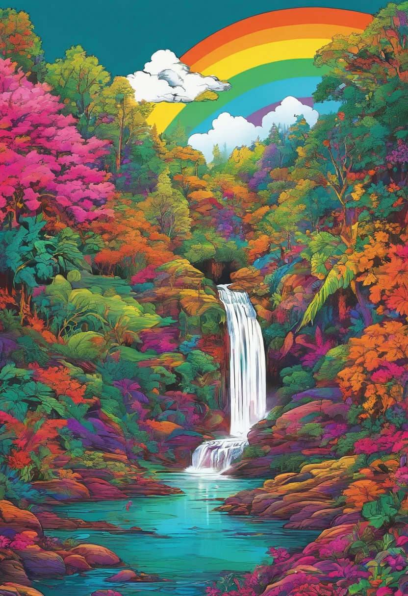 A pure, rainbow-colored spring，Waterfall cascading into a spring，Deep Jungle，Soft Light，Mysterious atmosphere，Different world，The best healing．