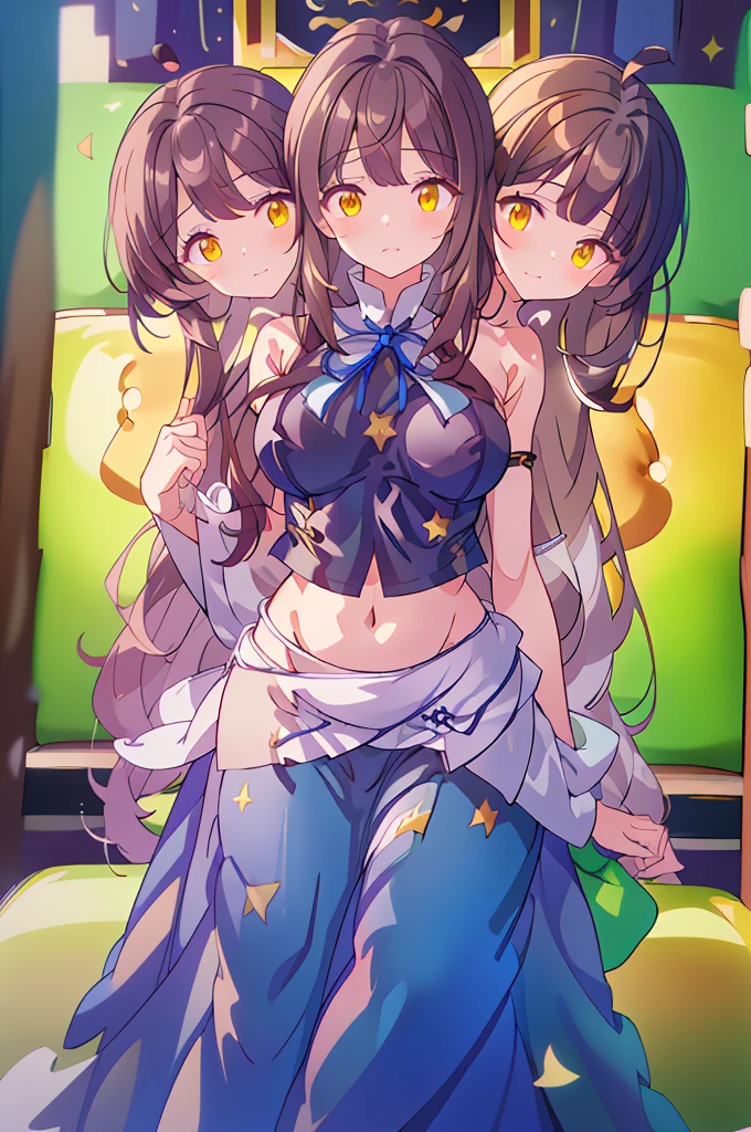 (masterpiece, best quality), best quality, (ultra-detailed), (3heads:1.5), 1girl, (star sapphire:1.3), masterpiece, best quality, ultra quality, ultra resolution, ultra detail, white top, crop top, ((stomach)), midriff, ((groin)), open midriff, white and blue skirt, miniskirt, normal ears, shackles, dark brown hair, very long hair, wavy hair, sidelocks, yellow eyes, detailed eyes, parted lips, fairy wings, sweat, cute, open belly, toned belly, hand on own chest, eyelashes, (24 year old woman:1.3), (masterpiece:1.5), (best quality:1.5), (beautiful detailed), extremely detailed CG, extremely delicate and beautiful, depth of field, (finely detailed face), (perfect details:1.2), (mature female:1.3), wide pelvis, slender, large veiny breast, 16k resolution, highres, high quality, high definition, extremely detailed, masterpiece, dark brown hair, long hair, alluring presence, braid, short skirt, miniskirt, close up, big tits, young, blue ribbon attached to the hair, butterfly-shaped wings, open belly, midriff, nsfw, bare stomach, girl with three heads,