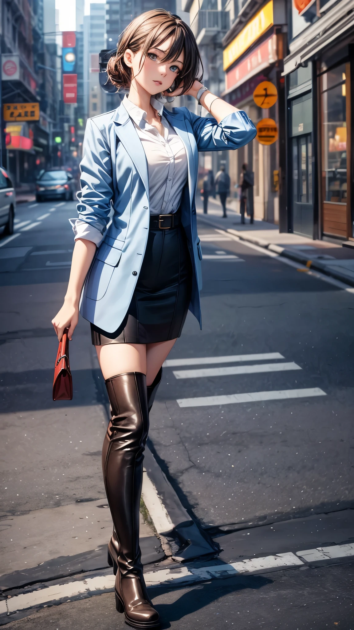 One 30 years old woman,office casual style,suits,tight skirts,pantyhose,((knee high long boots)).