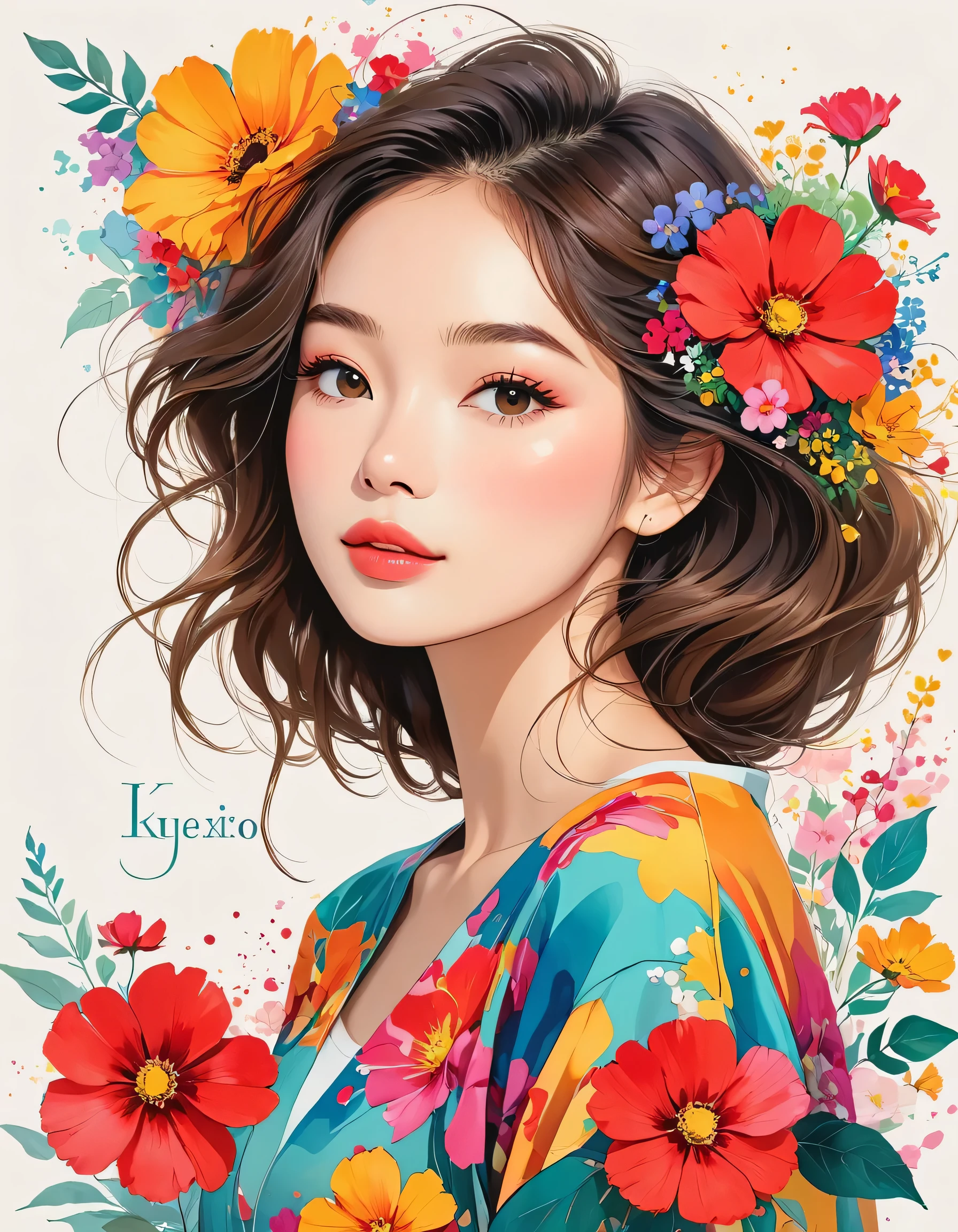 Hayao Miyazaki Style、The most beautiful girl of all time、Lips in Love、Colorful flowers、Simple line initials、Abstract art、Urban Background, Lips in Love