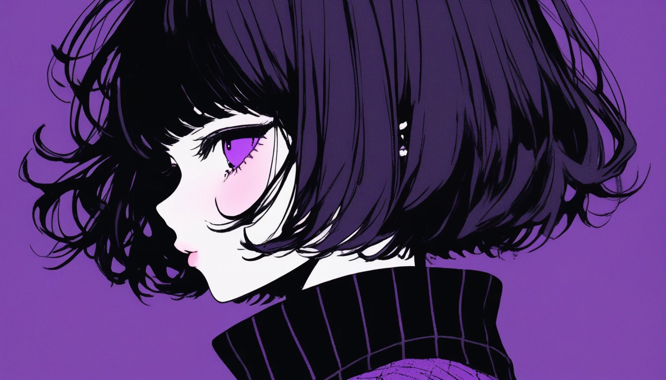 (highest quality, sketch:1.2), 白black,Side Shot,Dark monochrome background, Japanese Manga,Illustrator,Japanese Manga,1 girl, Delicate lips,sweater,custom,background completely black, Neon Hair,Texture Clipping,Canadian, masterpiece, style: Retro Classic, 深いblack, art, sketch book, (Purple Bob Hair:1.35, black:1.55), bad woman