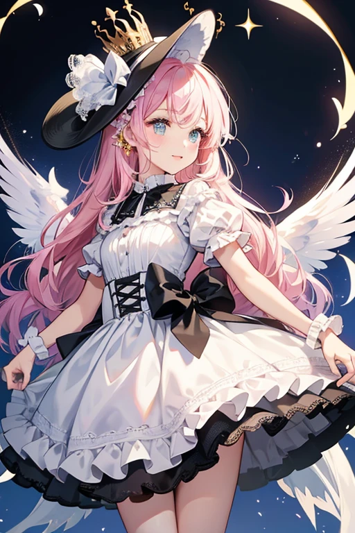 white, wearing a black dress with frilly white lace and a bow, black socks, and a hat with a pair of ears. she also has wings, a pink beak, and a yellow crown. SPARKLE; GLITTER