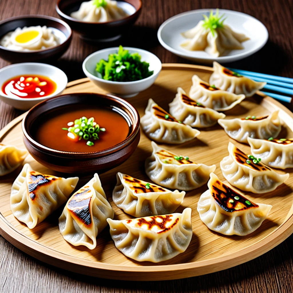 These dumplings are made from wheat flour dough rolled out thinly and shaped into semicircular shapes..、Gyoza dumplings with grilled surface、