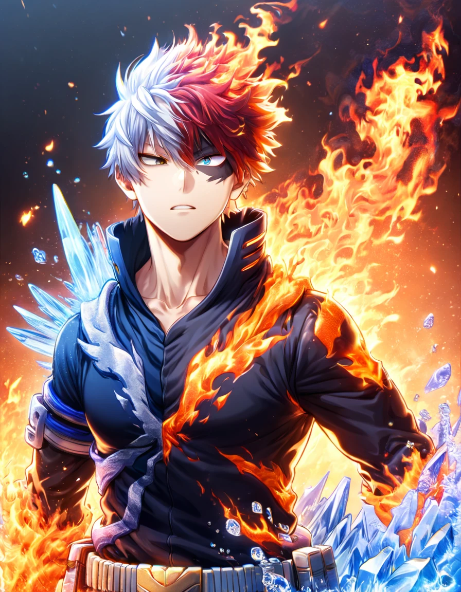 absurdres, highres, ultra detailed, HDR, master piece, best quality, Todoroki Shoto, bicolored hair, white hair right side, red hair left side, heterochromia, right eye gray, left eye blue, Boku no hero academia, sexy man, solo, handsome, dark blue hero clothes, magical, fantasy, fire, ice