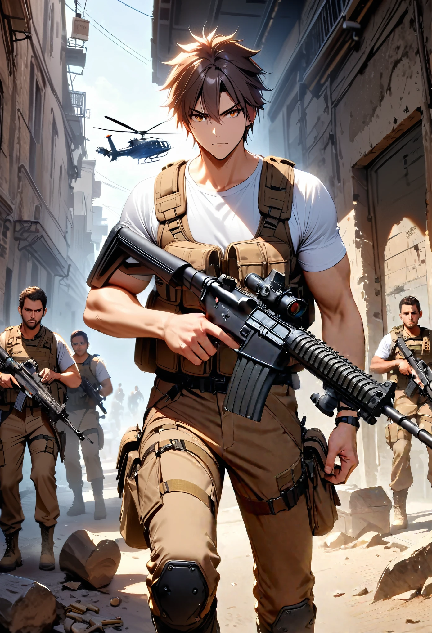 masterpiece, best quality, 1man, male focus, (solo, solo focus), mercenary, hispanic, holding assault rifle, brown hair, hazel eyes, perfect hands, load-bearing vest, ammunition belt, danger atmosphere, treasure trove, combed back hair, white t-shirt, brown pants, combat boots, matching boots. outdoors, ((helicopter hovering above)).