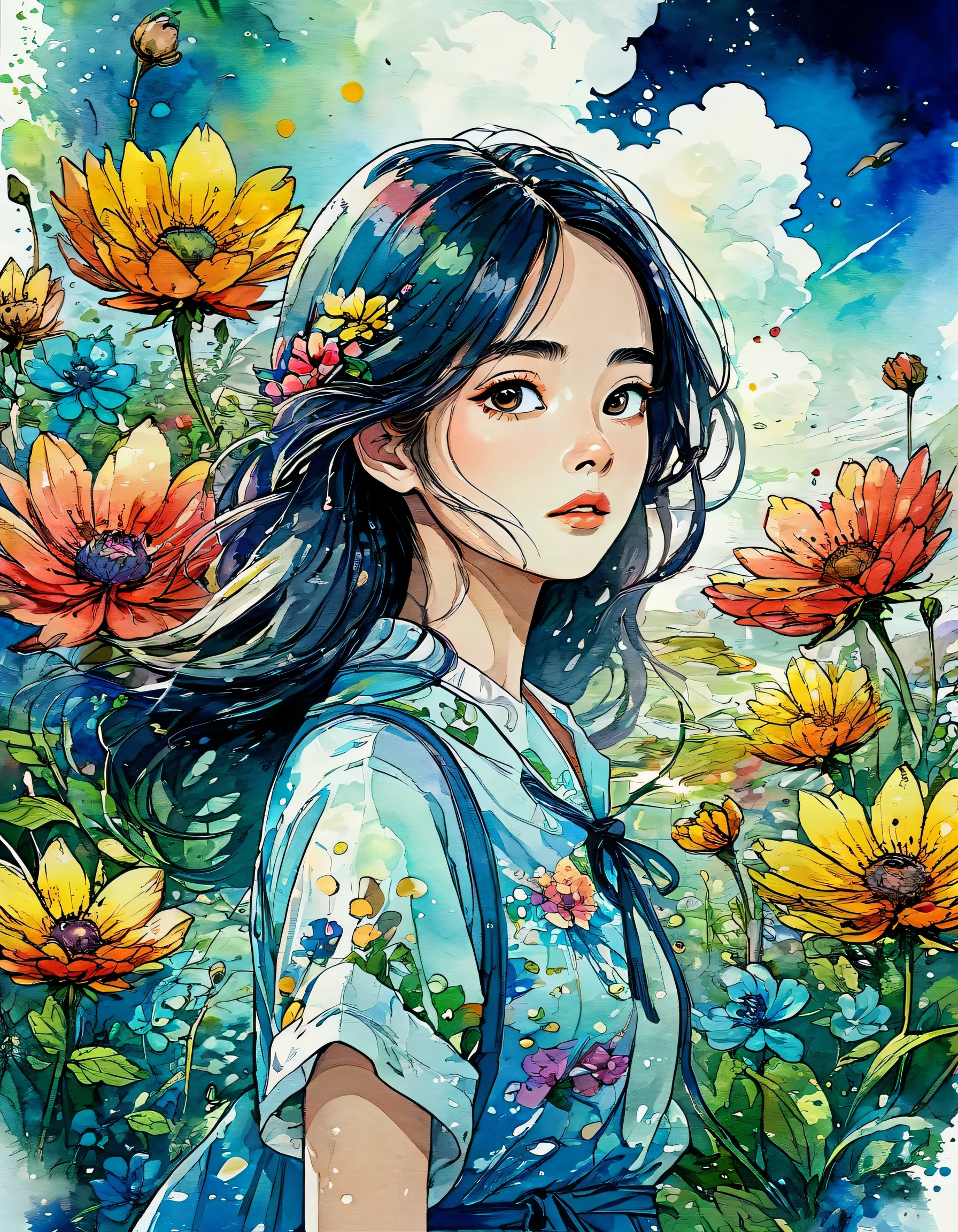 Hayao Miyazaki Style、(((stylish fashion))), 8K Quality、Intense watercolor, Detailed watercolor art, Watercolor splash, Surreal, avant-garde pop art, Beautiful and expressive paintings, Beautiful artwork illustration, Very colorful tones, wonderful, Cool beauty, highest quality、Official Art, Vector art, Stylish design, (((The most beautiful girl))), (((highest quality))), HDR, ((detailed)), (((Doodle Art)), ((masterpiece)), ((Super detailed)), (((Colorful flowers))),(((Stylish)))