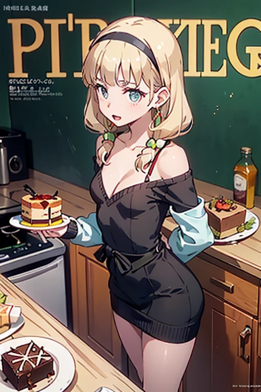 (small breasts:1.2), (perky chest:1.2), (pointed chest:1.2), (Pudding cake magazine cover:1.3),(from above:1.0),(from side:0.9),masterpiece, 1girl, Amazing Cleavage:1.1, thin waist, big ass, Raised sexy, posed cleavage:1.2、solo, looking at viewer, open mouth, have a cute grass of cute beergrass,black hair, dark green eyes, dress, bare shoulders, jewelry, collarbone, sidelocks, hairband, earrings, indoors, off shoulder, sweater, arms behind back, plant, short hair with long locks, gild hairband, off-shoulder dress, sweater dress, off-shoulder sweater, red sweater, dark gord hair, big side hair, very long side hair,is rendered in (masterpiece: 1.2, best quality), with (ultra high resolution) and an exquisite (depth of field). This masterpiece is not only visually stunning but also tells,A scene of cooking in the kitchen by classroom