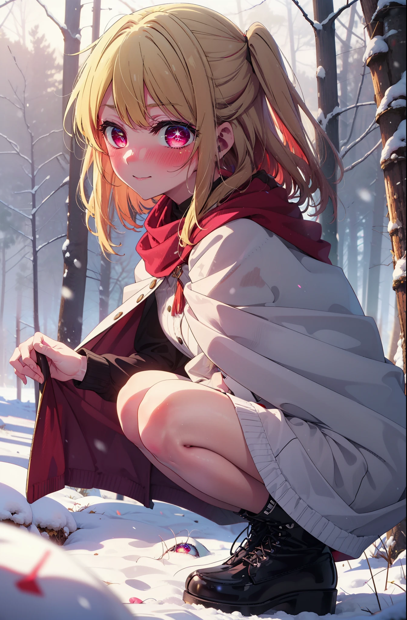 rubyhoshino, Hoshino Ruby, Long Hair, bangs, Blonde Hair, (Pink Eyes:1.3), Side Lock, (Symbol-shaped pupil:1.5), Multicolored Hair, Two-tone hair, smile,,smile,blush,White Breath,
Open your mouth,snow,Ground bonfire, Outdoor, boots, snowing, From the side, wood, suitcase, Cape, Blurred, , forest, White handbag, nature,  Squat, Mouth closed, Cape, winter, Written boundary depth, Black shoes, red Cape break looking at viewer, Upper Body, whole body, break Outdoor, forest, nature, break (masterpiece:1.2), highest quality, High resolution, unity 8k wallpaper, (shape:0.8), (Beautiful and beautiful eyes:1.6), Highly detailed face, Perfect lighting, Highly detailed CG, (Perfect hands, Perfect Anatomy),