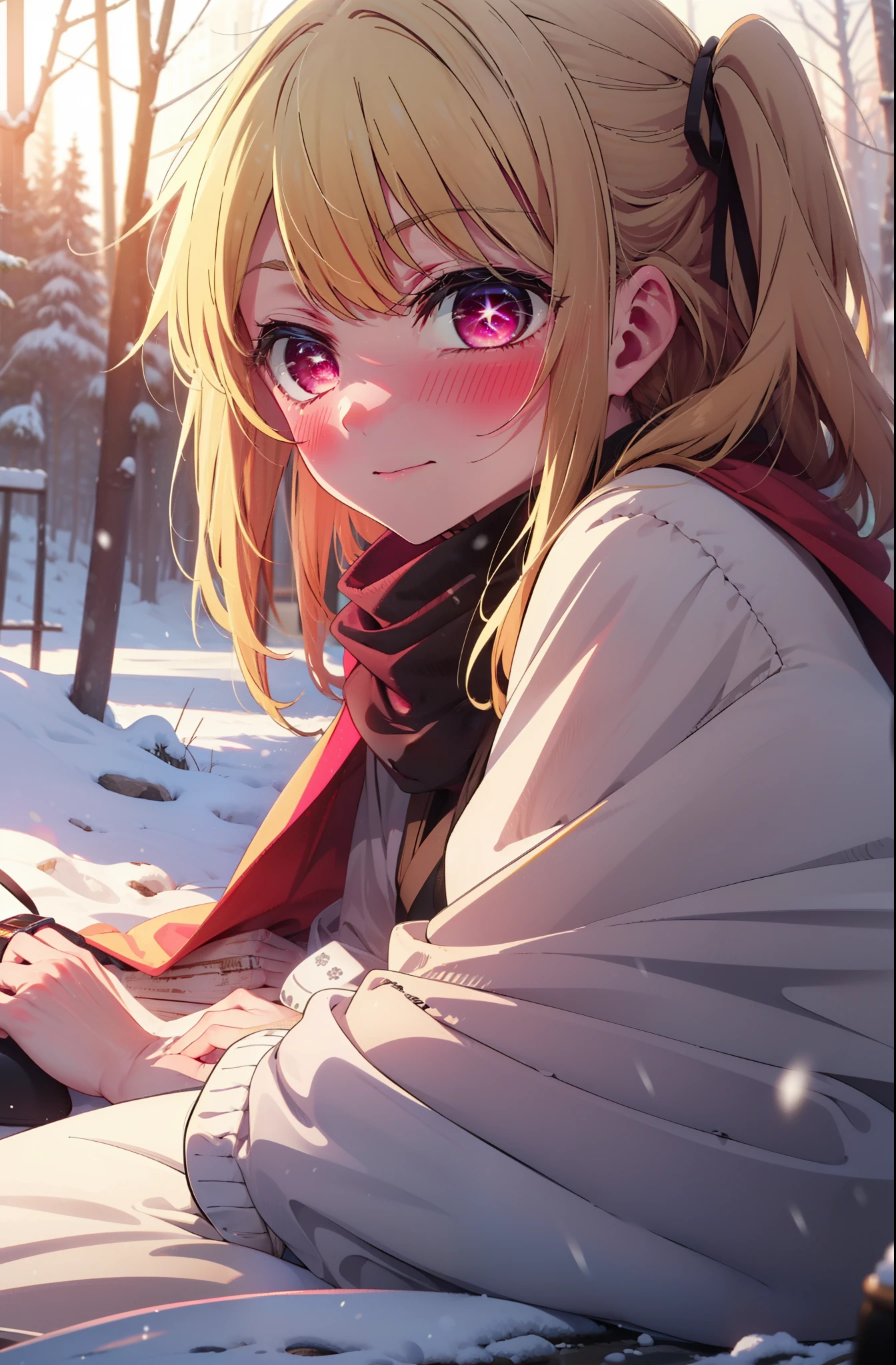 rubyhoshino, Hoshino Ruby, Long Hair, bangs, Blonde Hair, (Pink Eyes:1.3), Side Lock, (Symbol-shaped pupil:1.5), Multicolored Hair, Two-tone hair, smile,,smile,blush,White Breath,
Open your mouth,snow,Ground bonfire, Outdoor, boots, snowing, From the side, wood, suitcase, Cape, Blurred, , forest, White handbag, nature, Squat, Mouth closed, Cape, winter, Written boundary depth, Black shoes, red Cape break looking at viewer, Upper Body, whole body, break Outdoor, forest, nature, break (masterpiece:1.2), highest quality, High resolution, unity 8k wallpaper, (shape:0.8), (Beautiful and beautiful eyes:1.6), Highly detailed face, Perfect lighting, Highly detailed CG, (Perfect hands, Perfect Anatomy),