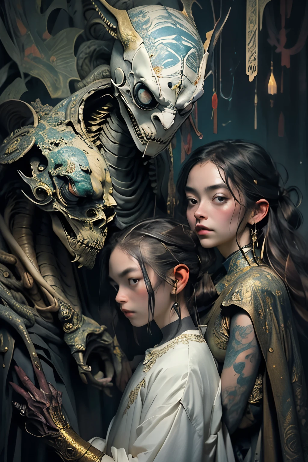 Yoshitaka Amano, Ellen Jewett, Tim Burton, detailed, elegant, intricate, colorful mist detailed, elegant, intricate, gold masked ::3 Xenomorhp aliens ::3 with delicate and delicate ornamental patterns, Head to shoulders portrait, highly detailed, in a dark garden, tim burton style, john kenn mortensen and leonora carrington, bizarre, wacky, mixed media, surreal painting, a journey into my imagination, detailed, elegant, intricate, 4k, scary painting, hdr
