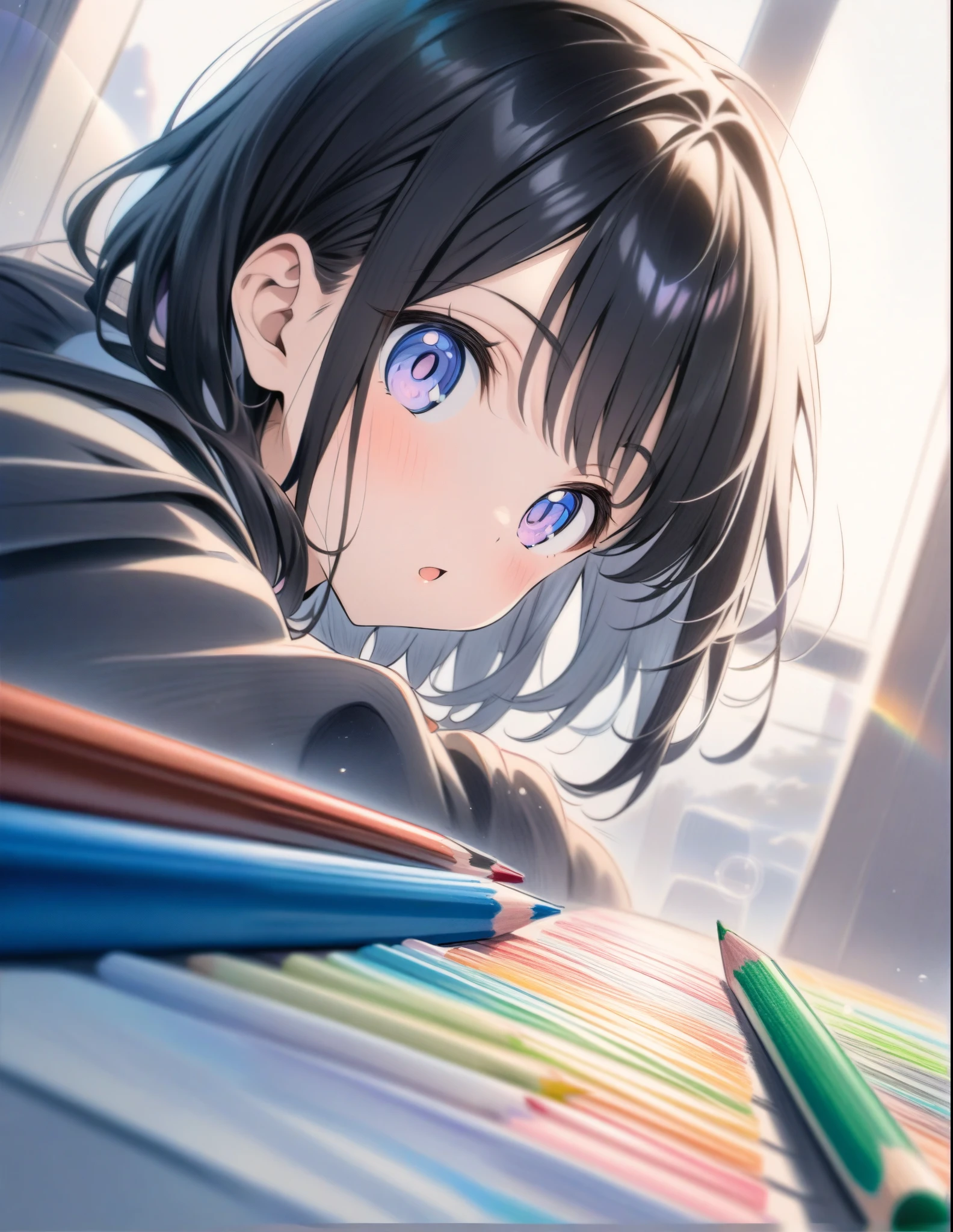 ((style:Colored pencil,pale colour))、(anime)、(masterpiece:1.2),atmospheric perspective,lens flare、boyish、cute、girl、Black Hair、short、Side Mitsuami、I'm moved watching the sunrise next to you、My eyes sparkle in the morning sun、My hair is fluttering in the morning breeze
