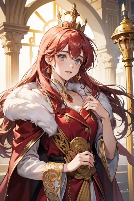 she wearing a royal crown and a red cape with white, furry trim. Her crown appears to be made of gold with red fabric in the middle, and red spots or gems along the gold. There is also a pink orb on top of the crown.  SPARKLE; GLITTER