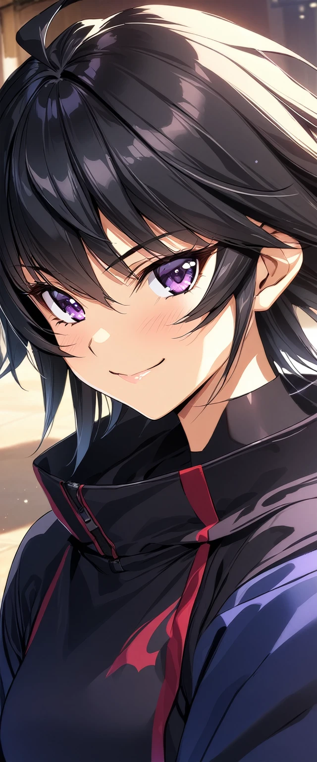 (masterpiece),(best quality),(ultra-detailed),(best illustration),(best shadow),(absurdres),(detailed background),(very aesthetic), 1girl, solo, akitsuki_karasu artstyle, ayamine kei, purple eyes, black hair, short hair, bangs, smile, portrait,