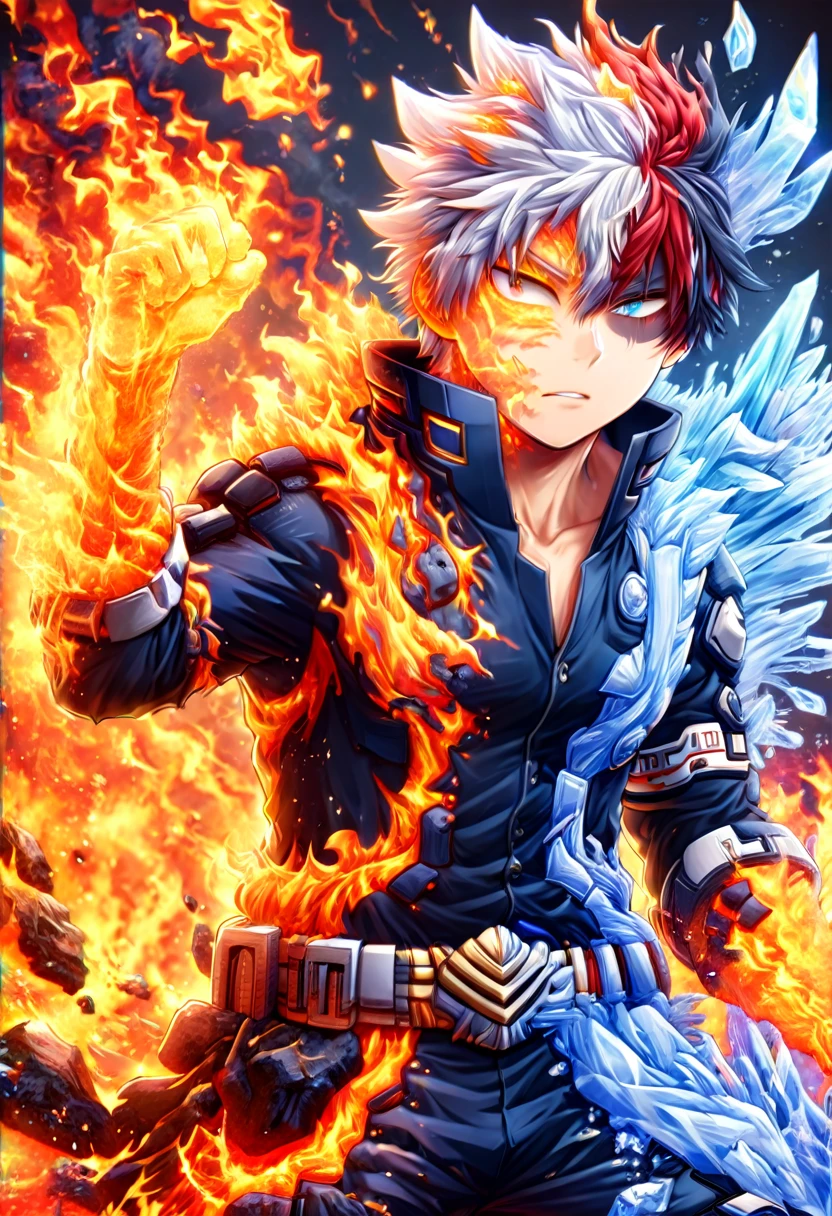 absurdres, highres, ultra detailed, HDR, master piece, best quality, Todoroki Shoto, bicolored hair, white hair right side, red hair left side, heterochromia, right eye gray, left eye blue, Boku no hero academia, sexy man, solo, handsome, dark blue hero clothes, magical, fantasy, fire, ice