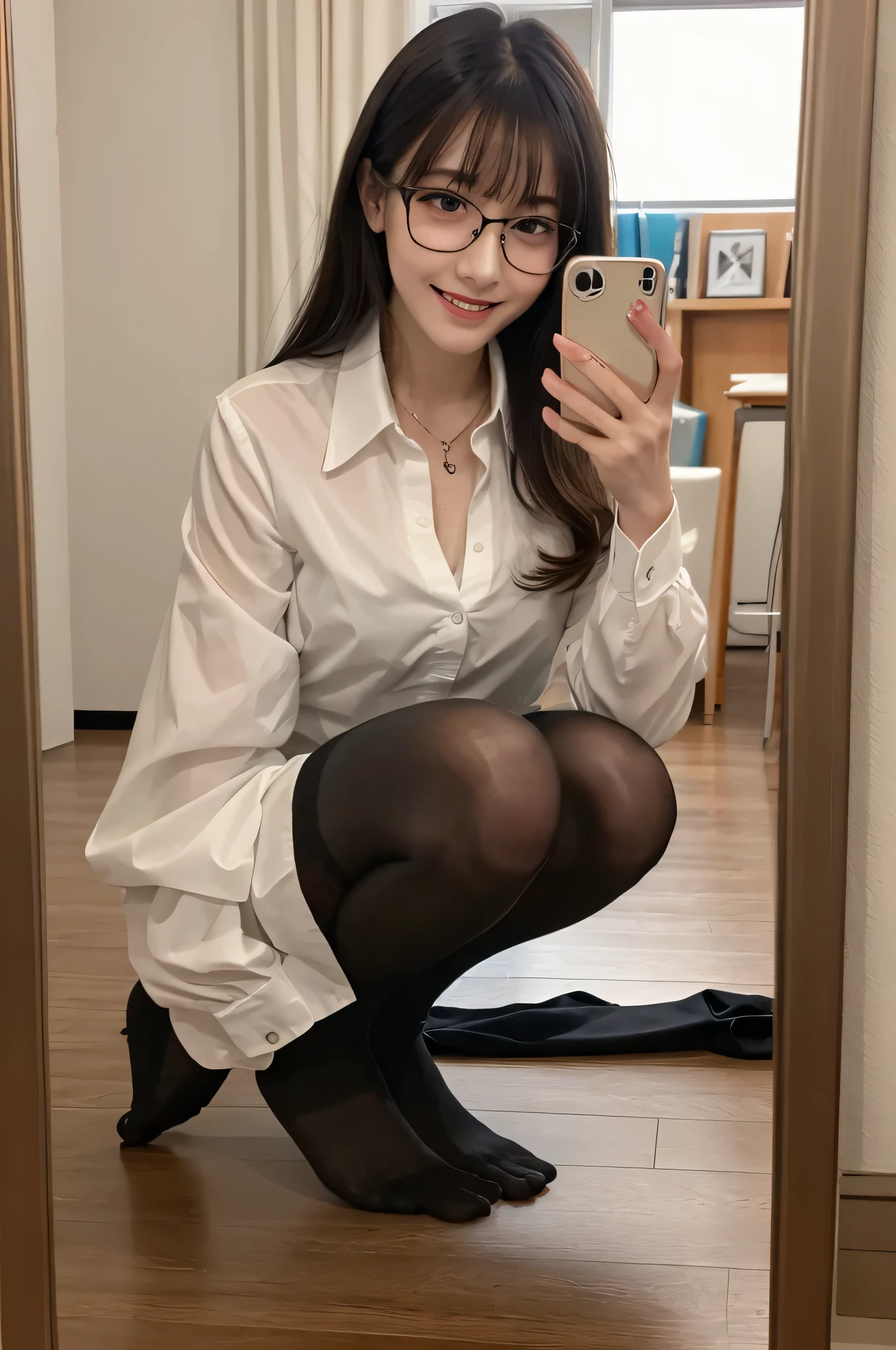highest quality　masterpiece　8K Ultra-detailed Face　Blonde　Full body photo　Cute pose　Sexy Photos　Focus on the face　Professional Lighting　Vivid Photos　Happy expression　Sulky look　Ecstatic expression Sex appeal　Glossy wet raven fur　Gloss　Cute and sly　Droopy eyes　Absurd　Heavy bangs　A wide variety of skin tones　Female teacher's costume　Black-rimmed glasses　Cosplay　White frilly shirt　Black tight mini skirt　Black jacket　tights　garter belt　Selfie　Mirror photo　Reflected in the mirror　squat　sit