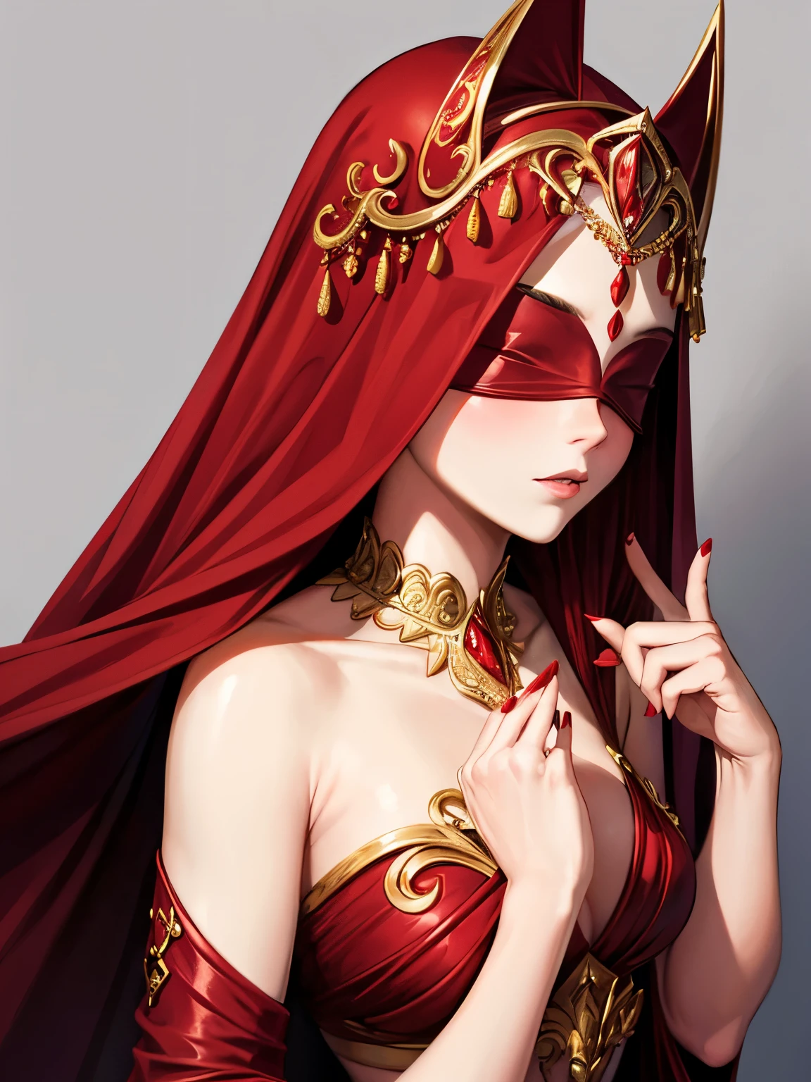 Uma mulher gordinha elegante, wearing a red veil covering her eyes, put your fingers on your lips, symbolizing silence. Suas unhas eram longas e pintadas de vermelho brilhante. The background is solid black