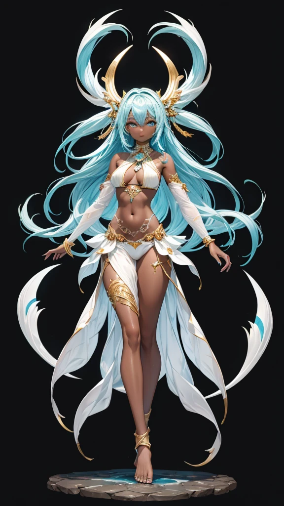 Beautiful girl with cyan hair and black body, six arms,Indian Ghosts,Pointed nails,Dark skin with white tattoos,Gold Bikini,Thong,Transparent long skirt,,barefoot,valley