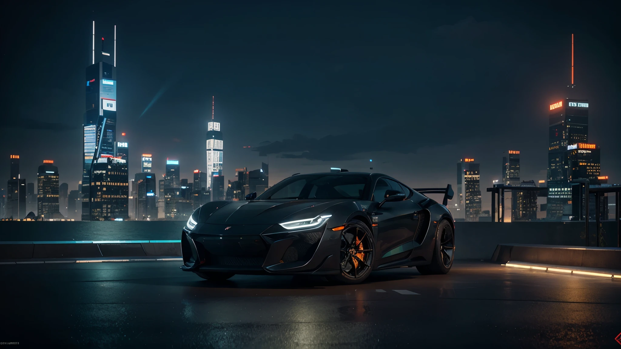 A stunning, high-poly 3D render featuring a futuristic cityscape. The skyline is filled with towering skyscrapers, each with unique, intricate designs and glowing neon lights. In the foreground, there's a glossy, sleek sports car with a futuristic design, giving off a vibrant orange glow. The overall atmosphere of the image is sleek, futuristic, and vibrant, with a touch of cyberpunk influence., 3d render