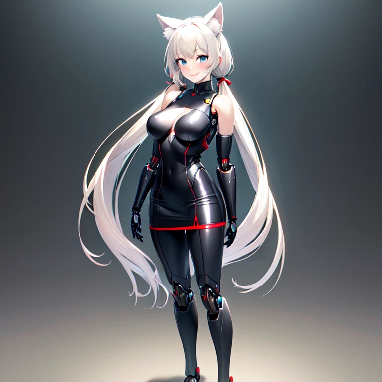 A highly detailed anime art style, a beautiful woman, full body, solo standing, ((perfect human body)), realistic face, animal ears, bangs, blush, bodysuit, ((robotic parts)), large breasts, bare shoulder, long hair, long sleeves, (looking to left), skin tight, smile, solo, twintails, very long hair, dark fantasy background, white gloves, (masterpiece:1.4), (shiny skin), light blue eyes, mini skirt