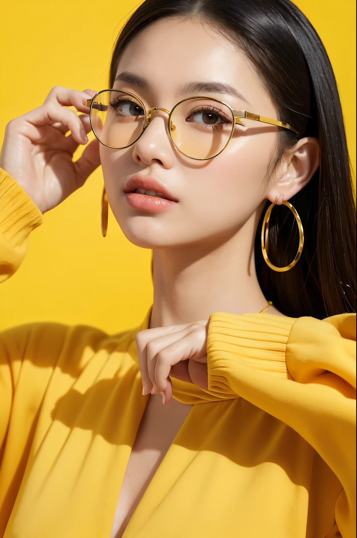 ((masterpiece)), ((best quality)), 8k, high detailed, ultra-detailed,1girl, vivid yellow background, modern fashion photography, large gold-rimmed glasses with floral accents, oversized hoop earrings, youthful Asian female, trendy attire, close-up portrait, vibrant color scheme, sharp focus, minimal makeup emphasizing natural beauty, summer vibe, contemporary chic style