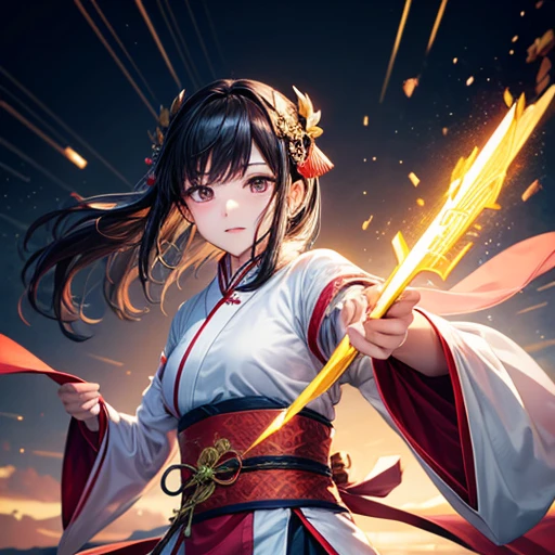 Handsome Chinese women competition, whole body, Combat Stance, Sharp eyes, Distinct facial features, Wearing Hanfu, Runes, Holographic Reality, Holographic Halo, Motion Blur, Game light effect, Edge Light, Soft Light, movie Edge Light, Delicate Light