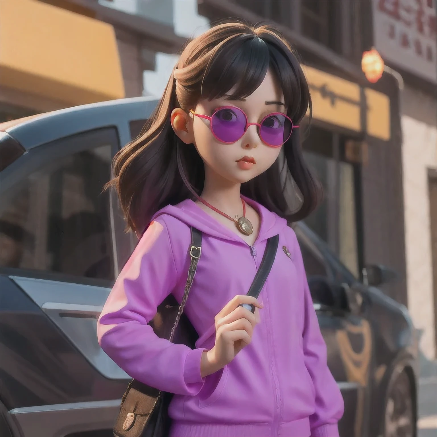 （（（1 girl）））araffe wearing a purple outfit and sunglasses with a purple choke, trending on cgstation, artwork in the style of guweiz, inspired by Yanjun Cheng, guweiz, deviantart artstation cgscosiety, 🌺 cgsociety, 3 d render character art 8 k, g liulian art style, inspired by Feng Zhu，（（sunglasses））