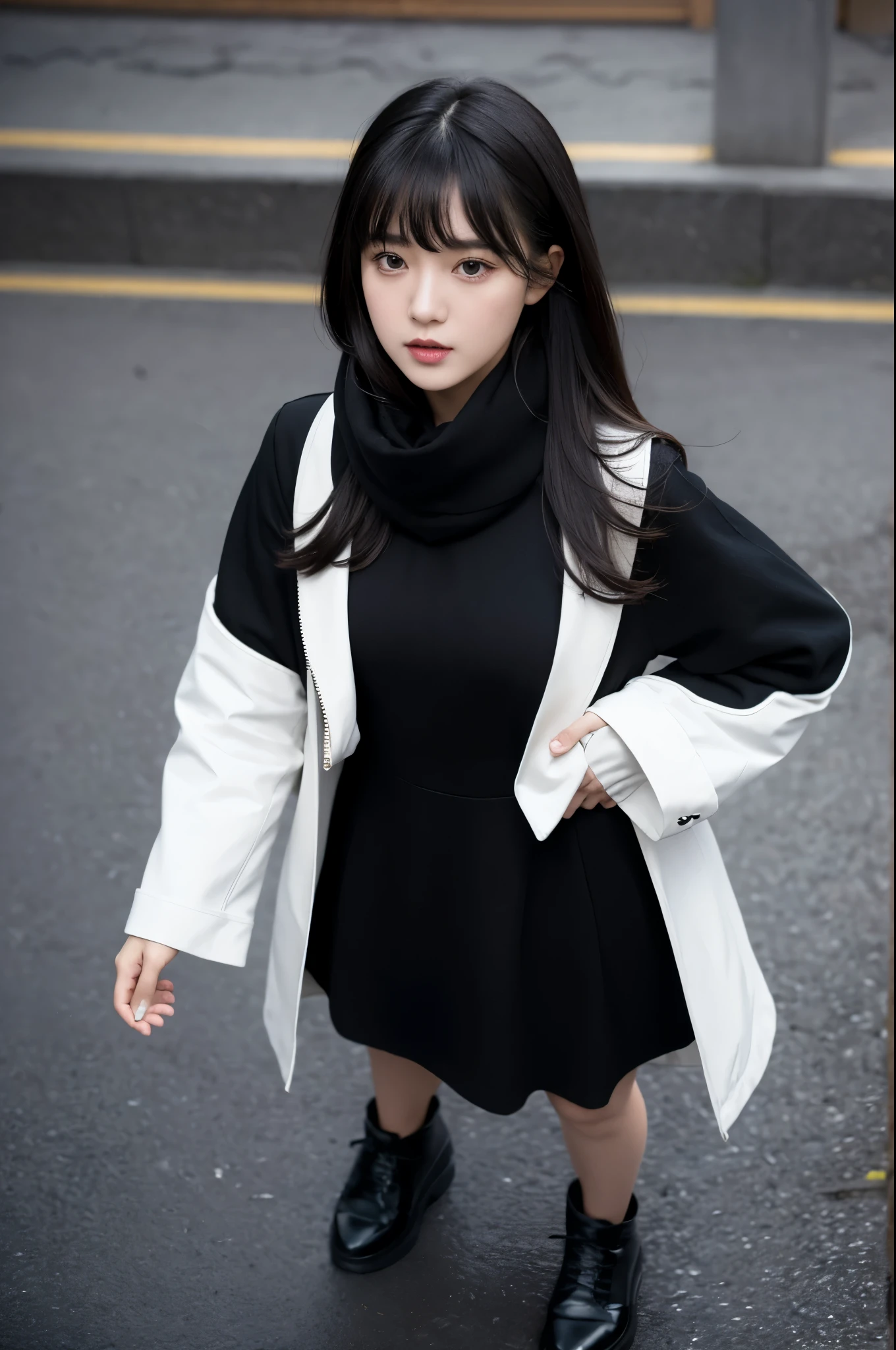 ((masterpiece)), ((best quality)), 8k, high detailed, ultra-detailed,1girl, solo, black hair, scarf, looking at viewer, hood, bangs, black eyes, black footwear, standing, looking up, dress, shoes, black dress, traditional media, from above, long sleeves, white jacket, realistic