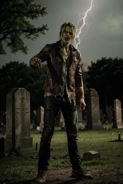 Zombie male middle-aged decay green skin tone dirty full body photo very worn clothes Walking in the graveyard at night Graveyard Night The moment lightning strikes a gravestone Dance to Michael Jackson's thriller in a red, tattered and dirty costume