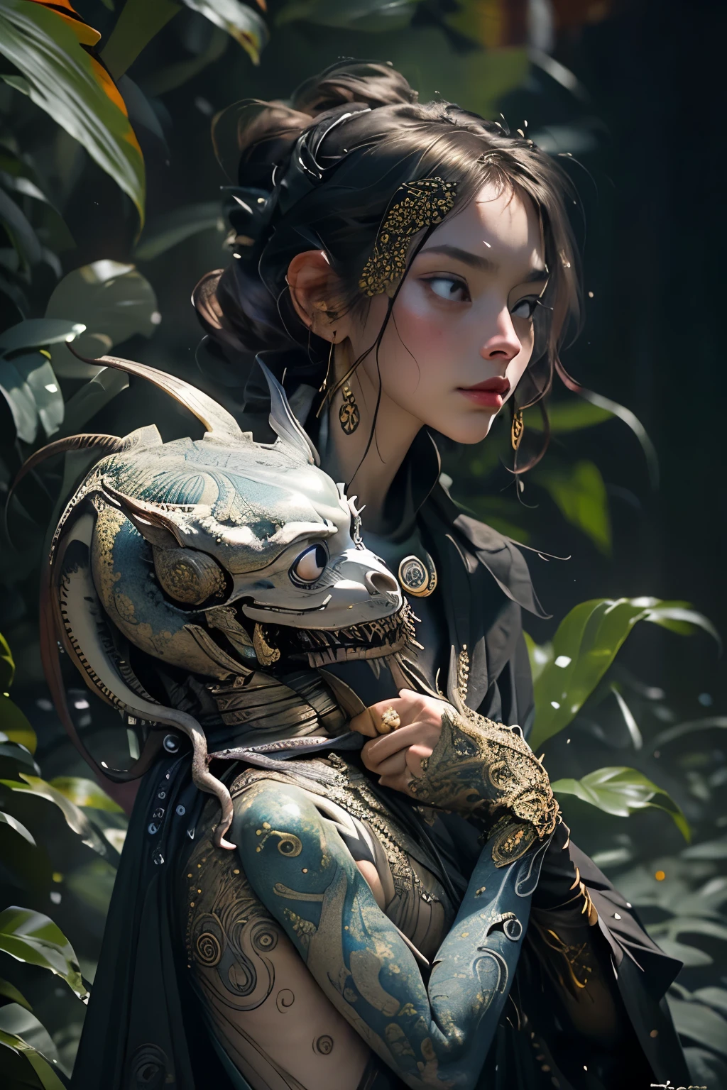 Yoshitaka Amano, Ellen Jewett, Tim Burton, detailed, elegant, intricate, colorful mist detailed, elegant, intricate, gold masked ::3 Xenomorhp aliens ::3 with delicate and delicate ornamental patterns, Head to shoulders portrait, highly detailed, in a dark garden, tim burton style, john kenn mortensen and leonora carrington, bizarre, wacky, mixed media, surreal painting, a journey into my imagination, detailed, elegant, intricate, 4k, scary painting, hdr
