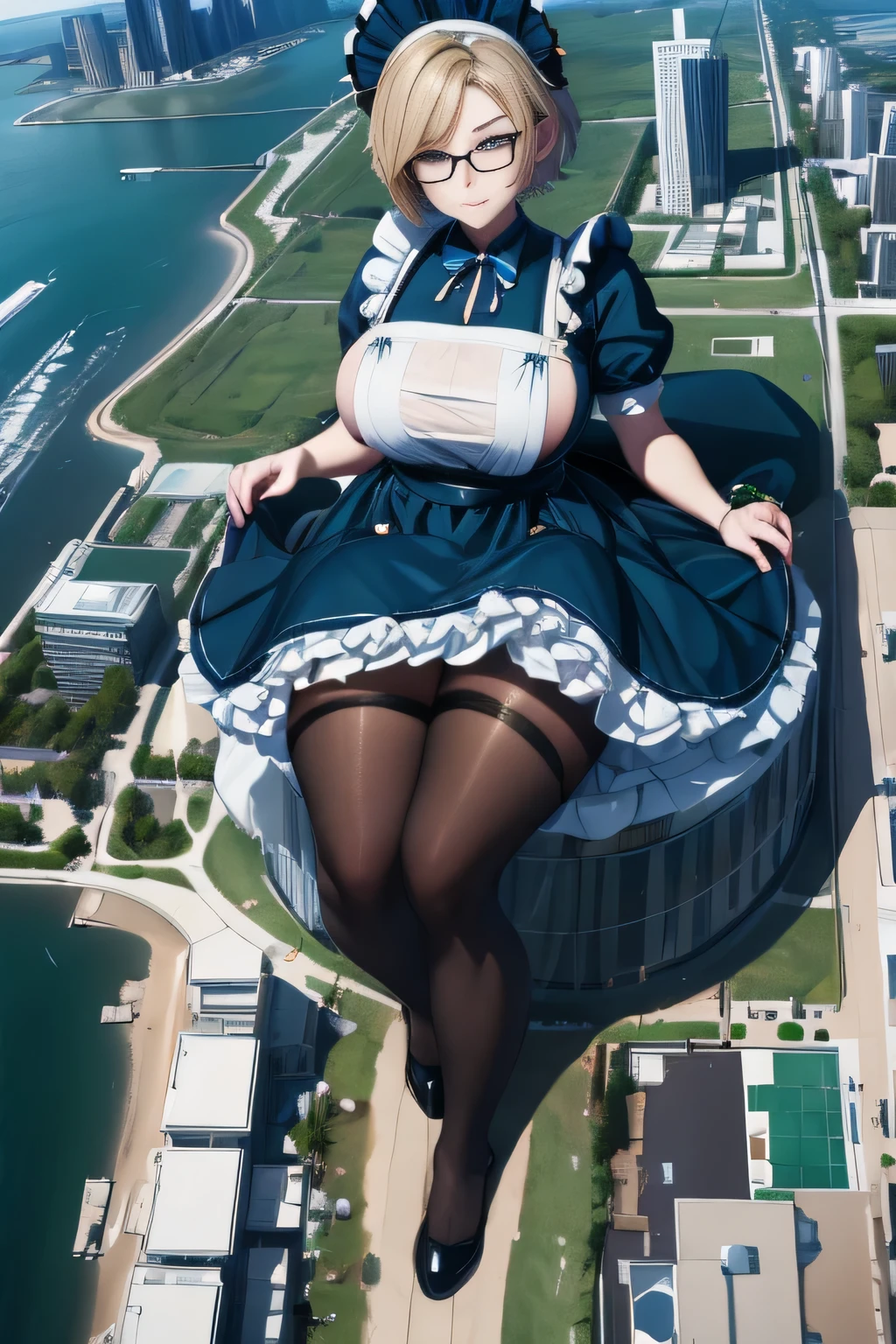 giantess art, highly detailed giantess shots, giantess, Two legs, Five fingers, short hair, A beautiful girl who is bigger than any skyscraper, Wearing rimless glasses, Big Breasts, Big Butt, Maid clothes, Black Pantyhose, black pantyhose, pantyhose feet, Steam coming out from the soles of the feet, A very small big city, Miniature metropolis, Full body description, GTS, giga giantess, stomping city, crash city, tiny city, micro city, pantyhose feet, High resolution, highest quality, masterpiece, Maid, maid, 