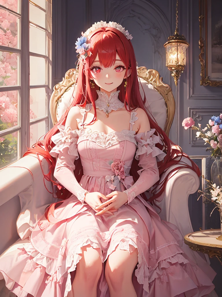 art by Cornflower,(masterpiece:1.2),(4k),high quality,((perfect anatomy)),(perfect fingers:1.3),(correct hands:1.3),(1 girl),long red hair,beautiful detailed red eyes,ultra-detailed face,smile,pink rococo frill dress,long sleeve pink  dress,ornate frills dress,sitting in a white luxurious chair,pink and white interior room,bokeh, a gentle light spreads over the tranquil surroundings, delicate petals blend into intricate patterns,add a dramatic and symbolic element to your scene, the petals are soft, magical colors and atmosphere,the atmosphere is full of happiness and laughter